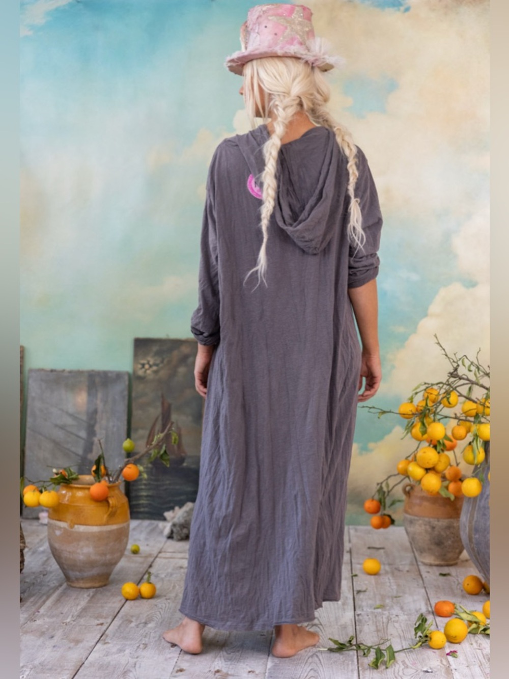 Magnolia Pearl Flor De La Pasion Viggo Hoodie T Dress maxi cotton Gray butterfly - Picture 2 of 13
